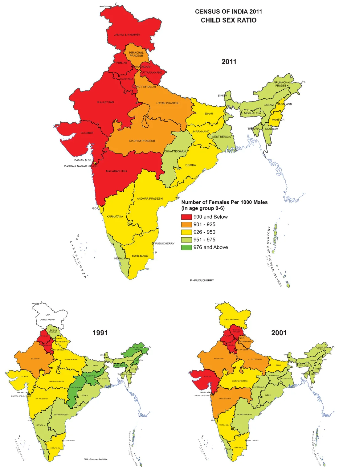 Census of India maps of the child sex ratio (girls per 1,000 boys aged 0-6) by State, in five colour bands from 900 and below to 976 and above. The large 2011 map shows the lowest band, 900 and below, across a block of States in the north-west and west, among them Jammu and Kashmir, Punjab, Haryana, Delhi, Uttarakhand, Rajasthan, Gujarat and Maharashtra, with higher bands in the east and north-east. Two smaller maps show 1991 and 2001, with fewer States in the lowest band; Jammu and Kashmir is marked data not available for 1991.
